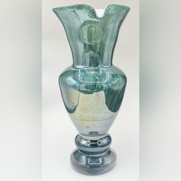 Vintage Studio Art Glass MACOCHA Poland Green Iridescent Pitcher 9.5” Tall - Picture 2 of 6